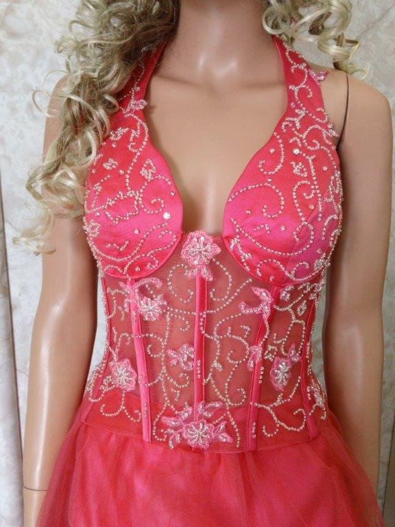 coral see through bodice prom gown
